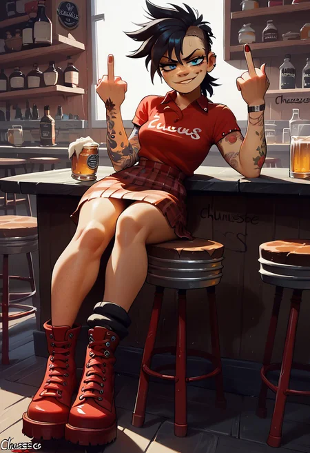 score_9, score_8_up, score_7_up, score_6_up
1girl, solo, cute tomboy, black hair, medium breasts, polo shirt, freckles, blue eyes, ((chelsea haircut)), ((plaid skirt)), large ass, big eyes, holding up middle finger, smug face, ((pub)), tattoos, ((red laced ankle boots)), PunkDocs,