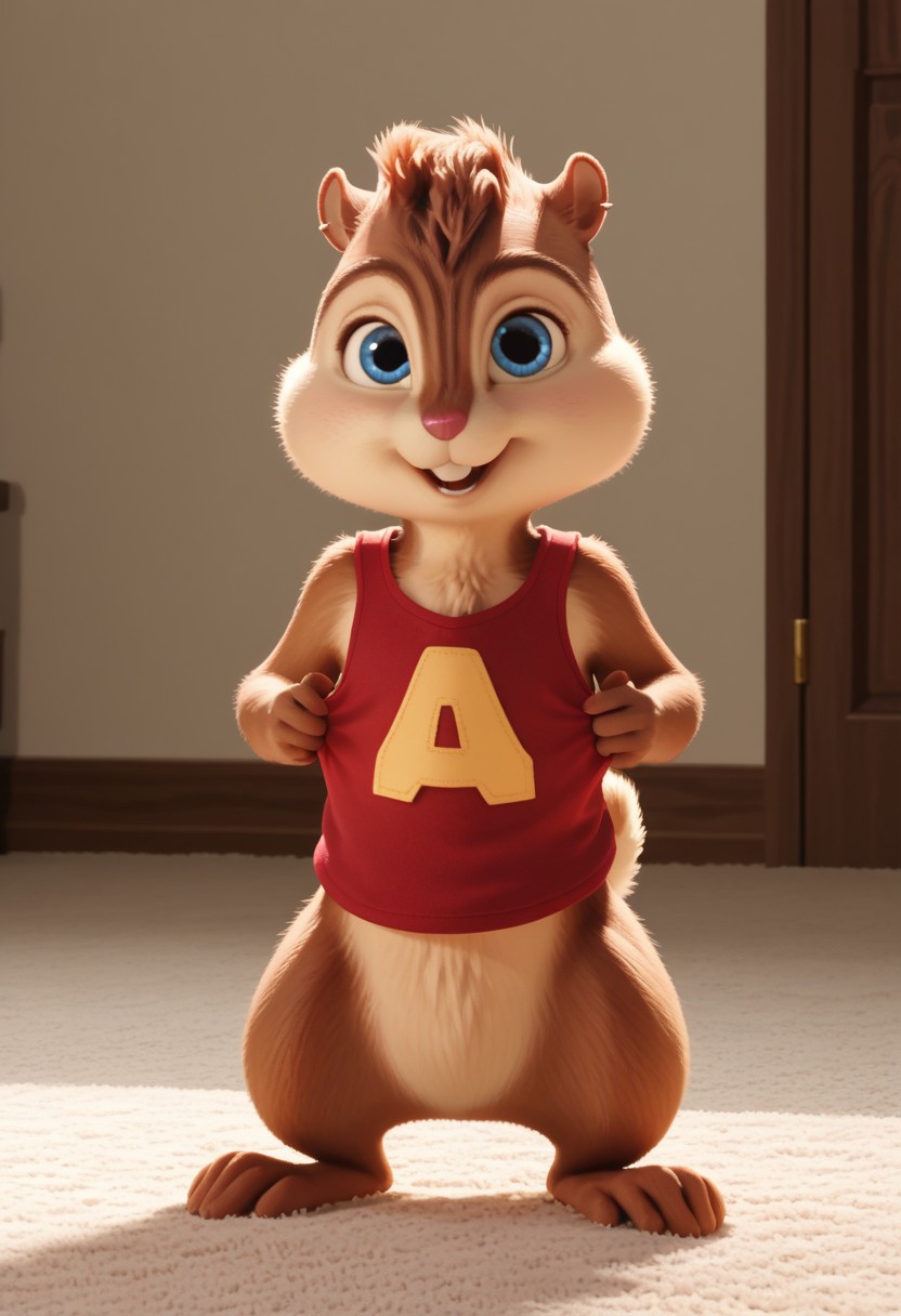 Score_9, score_8_up, score_7_up, source_furry, Alvin Seville, chipmunk, chipmunk male, furry male, furry, long tail, 3d, render, movie screencap, blue eyes, lift red tank top, barefoot, painted walls, carpet, looking at viewer, <lora:Alvin _Seville __Alvin_and_the_Chipmunks__CG_Movie_version:0.8>