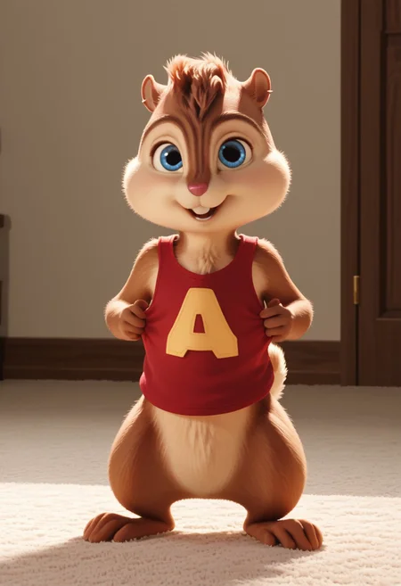 Score_9, score_8_up, score_7_up, source_furry, Alvin Seville, chipmunk, chipmunk male, furry male, furry, long tail, 3d, render, movie screencap, blue eyes, lift red tank top, barefoot, painted walls, carpet, looking at viewer, <lora:Alvin _Seville __Alvin_and_the_Chipmunks__CG_Movie_version:0.8>
