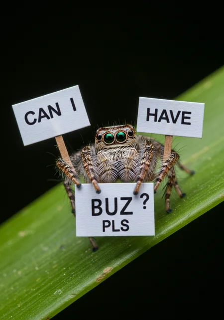 a macro shot of a cute jumping spider on a green leaf. He holds up 3 signs. sign 1 says 'CAN I'. Sign 2 says 'HAVE'. Sign 3 says 'BUZZ'PLS'.
