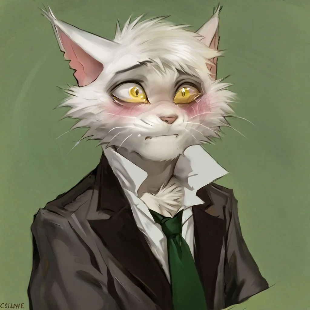 Virgil[lackadaisy], Virgil, White cat, white body, yellow eyes, thin eyebrows, eyebrows,  (male anthro cat:1.3).
Solo, alone, by himself, 1boy, male.
athletic, athletic body, muscles. (athletic body), (albino body:1.1),
Realistic, Furry, Animalistic features, Anthro, Detailed, Shaded,
Headshot, head focus, close to face, closeup.
1920s clothing, shirt collar up, long coat, large green tie, necktie, green necktie, messy fur, furry, no humans, rip in ear, eye bags, messy hair, fluffy, grey coat, white shirt, grey pants, pants, grey trousers, trousers,
HD, digital painting, digital art, masterpiece.
sitting down, sitting on chair, chair, stool.
closed mouth, embarrassed, scared emotion, (blushing:0.5).
simple background, one colour, green background.
HD, digital painting, digital art, masterpiece ((headshot portrait)), digital drawing (artwork), digital media (artwork), hi res.  negative_hand.