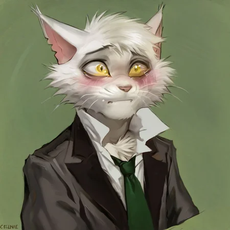 Virgil[lackadaisy], Virgil, White cat, white body, yellow eyes, thin eyebrows, eyebrows,  (male anthro cat:1.3).
Solo, alone, by himself, 1boy, male.
athletic, athletic body, muscles. (athletic body), (albino body:1.1),
Realistic, Furry, Animalistic features, Anthro, Detailed, Shaded,
Headshot, head focus, close to face, closeup.
1920s clothing, shirt collar up, long coat, large green tie, necktie, green necktie, messy fur, furry, no humans, rip in ear, eye bags, messy hair, fluffy, grey coat, white shirt, grey pants, pants, grey trousers, trousers,
HD, digital painting, digital art, masterpiece.
sitting down, sitting on chair, chair, stool.
closed mouth, embarrassed, scared emotion, (blushing:0.5).
simple background, one colour, green background.
HD, digital painting, digital art, masterpiece ((headshot portrait)), digital drawing (artwork), digital media (artwork), hi res.  negative_hand.