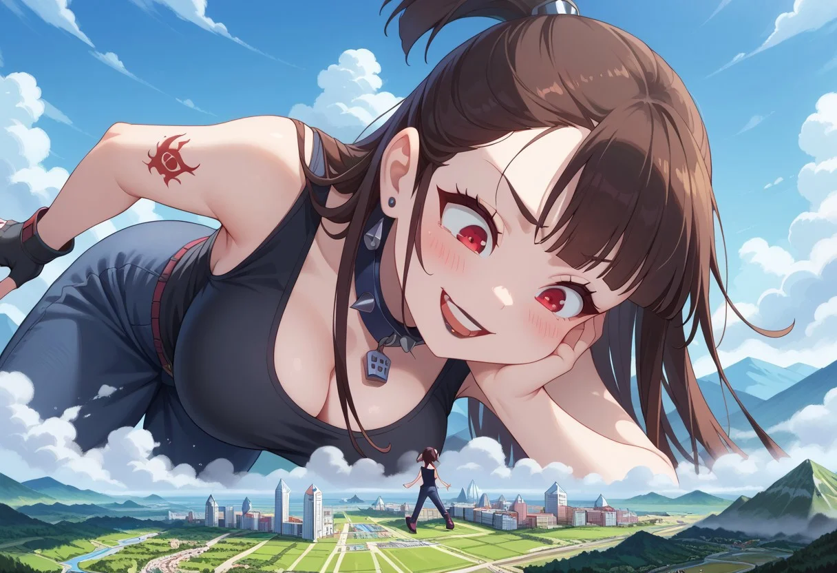 score_9, score_8_up, score_8, low angle, full body,
akko, 1girl, solo, red eyes, brown hair, long hair, bangs,
Black hair streak, pale skin, goth, black clothes, black tank top, black boots, feet swinging in the air, heavy eyeliner, spiked collar, fingerless gloves, black lipstick, arm tattoo, ripped black jeans, earrings, black eyeshadow, red eyes,
huge breasts, grabbing a mountain, hand focus,
embarrassed smile, blushing, steamy breath,
detailed face, looking down, from below, side angle, laying on her stomach, poking the ground,
detailed face, giga giantess, macro, angelic, flawless, high resolution, above the city, (shrunken city :1.4), (shrunken cityscape:1.3), micro cityscape, clouds on background, solo, ((landscape)),
BREAK, Small city, micro city, low horizon line, mountains, lakes, white clouds, tiny castle,