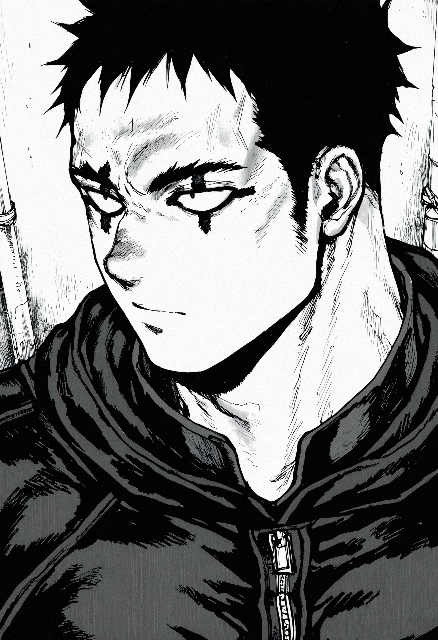 masterpiece, best quality, newest, absurdres, highres, very awa, 1boy, male focus, kai \(dorohedoro\), eye tattoo, cross facial mark, official art, greyscale, solo, monochrome, upper body, looking to the side, looking ahead, sanpaku, screentones
