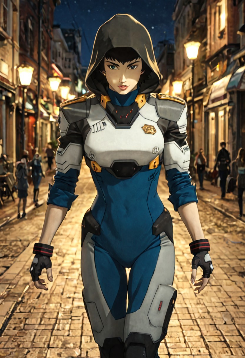 score_9_up, score_8_up, score_7_up, score_6_up, source_anime BREAK l4dydmc4n1m3, red eyes, green eyes, heterochromia, black hair, short hair, bodysuit, fingerless gloves, black gloves, pilot suit, epaulettes, hood, hood up, running, city street, night, masterpiece, beautiful lighting