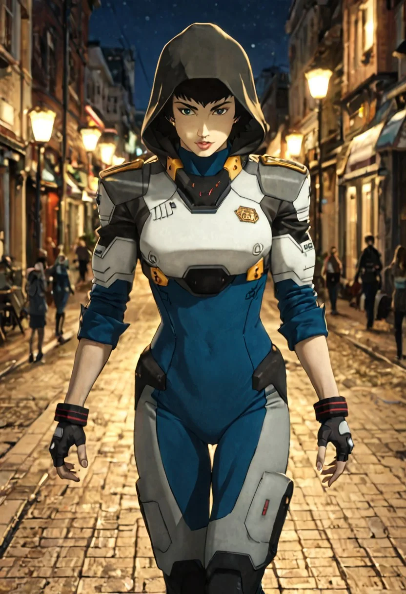 score_9_up, score_8_up, score_7_up, score_6_up, source_anime BREAK l4dydmc4n1m3, red eyes, green eyes, heterochromia, black hair, short hair, bodysuit, fingerless gloves, black gloves, pilot suit, epaulettes, hood, hood up, running, city street, night, masterpiece, beautiful lighting
