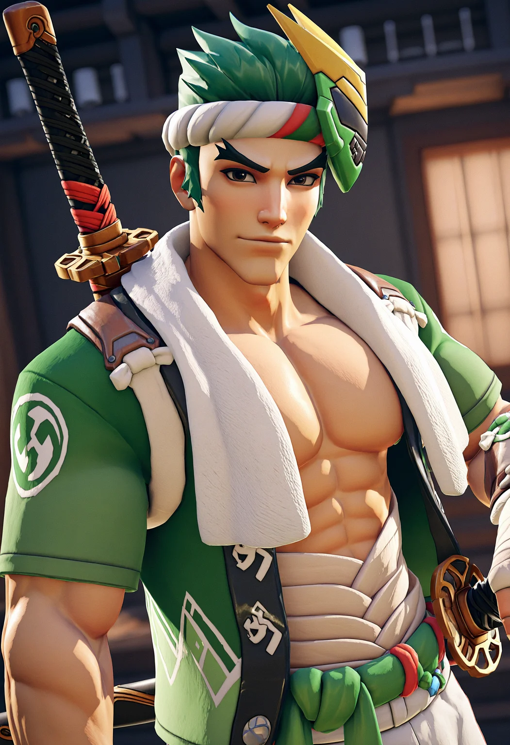 masterpiece, best quality, newest, absurdres, highres, very awa, 1boy, male focus, genji, 3d, official style, bandages, blurry background, gloves, hand wraps, happi, holding, holding weapon, indoors, katana, looking at viewer, mask on head, midriff sarashi, mitsudomoe (shape), multiple swords, nejiri hachimaki, pectoral cleavage, pectorals, ready to draw, sheath, sheathed, shuriken, solo, sword behind back, sword on back, towel, towel around neck, unsheathing, upper body, wakizashi, weapon