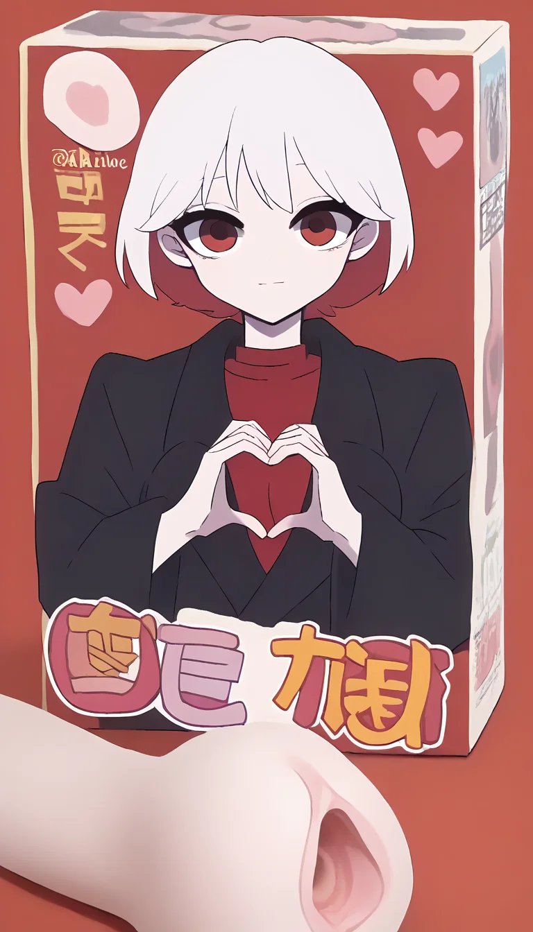 score_9, score_8_up, score_7_up,  source_anime, masterpiece, 1girl, hrt111, onahole package, white hair, black coat, red shirt, looking at viewer, simple background, red background, portrait, upper body, heart hands, <lora:Heart111PONY:1>,  <lora:onahole_package_XL(pony)v10:1>