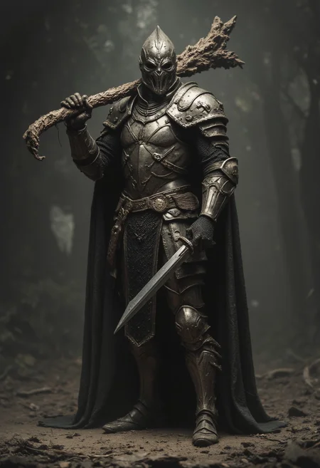 dark fantasy knight standing battle-ready holding wooden gnarled cudgel over His shoulder,