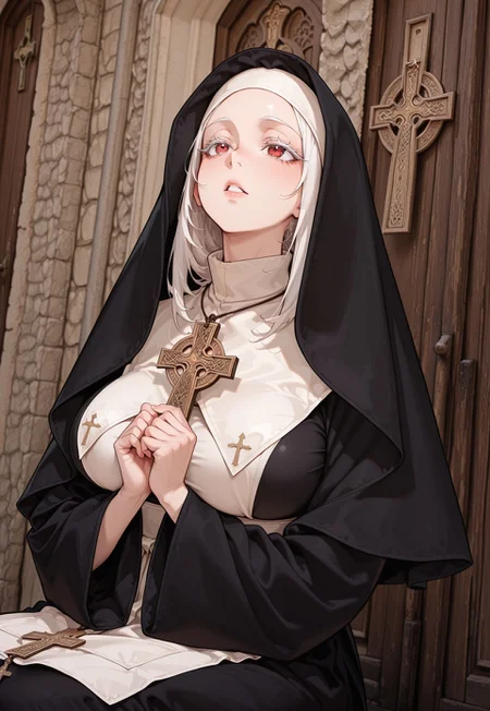 (((Church background))), Safe_pos, solo,1girl, nun, habit, cross, albino, red eyes, white eyelashes, sitting, dutch angle, red thorny roses in hands, top view:0.5, white hair, big breasts,  artist:moriimee, lazypos