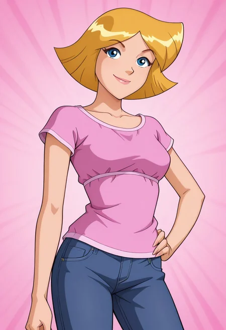 masterpiece, best quality, good quality, 1girl, solo, cartoon, parody, official style, cl0ver_totally_spies, short hair, blonde hair, blue eyes, casual, sexy, medium breasts, beautiful, detailed, high detailed, very beautiful, detailed face, detailed eyes, detailed hand, fingernails, long nails, abstract background, neon, smile, posing, pose, looking at viewer, face focus