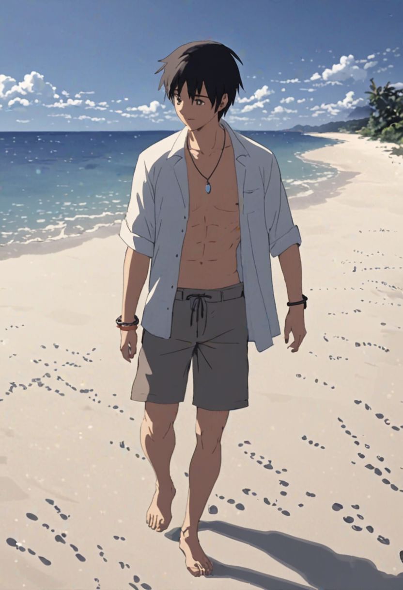 Highres, Masterpiece, High Quality, 4K, 8K, solo, 1Boy, Takaki Toono, adult, black hair, short hair, beach, calm, white sand, small coral, pebbles, clear sky, quiet, peaceful, walking, candid, breeze, footprints, happy, open shirt, shorts, sixpack, necklace, bracelet, easynegative, detailed_eye_model