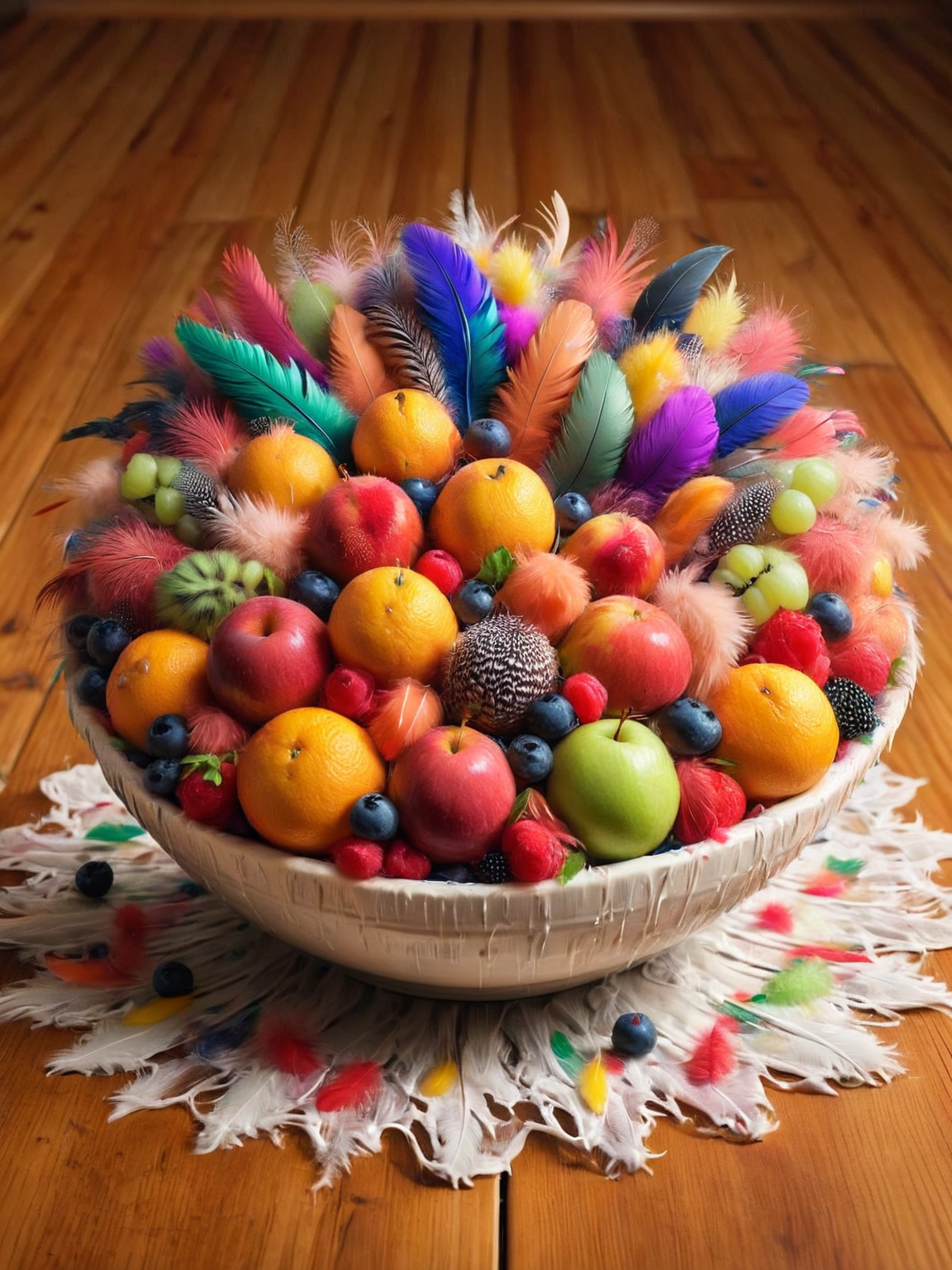 ais-featherz bowl of fruit, on a pine table <lora:Feathers_Glue_SDXL:1>