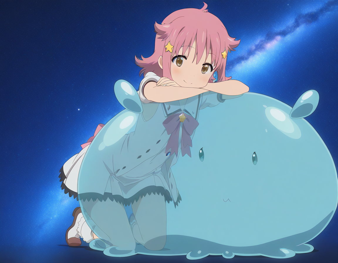 general,highres, ultra-detailed,very aesthetic,best quality ,best hands,  BREAK <lora:Subaru_Houkago_no_Pleiades_IS:0.9>subaru(Pleiades), 1girl, solo, pink hair, short hair, brown eyes, star hair ornament, anime coloring, smile, 
BREAK, 
 <lora:kaicyou_Houkago_no_Pleiades_IS:0.9>kaicyou(Pleiades), sphere, slime (creature), full body, black eyes, creature, blue theme, anime coloring, no humans, sphere, small body,
galaxy,