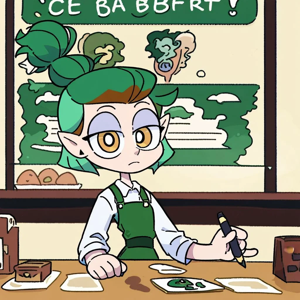 score_9, score_8_up, score_7_up, 1girl, amity blight, yellow eyes, pointy ears, green hair, medium hair, half updo, upper body,
standing, looking at viewer, bags under eyes,
cafe, behind counter, frown, starbucks, starbucks barista, powerpuff, only
1 pen in scene,