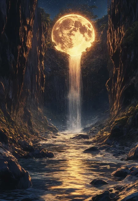 A massive full moon melting into a cascading waterfall, illuminating the night with golden light. The glowing river flows through a deep canyon under a starry sky, creating a surreal dreamlike atmosphere. The scene is ethereal, magical, and otherworldly, blending fantasy and surrealism into a visually mesmerizing composition