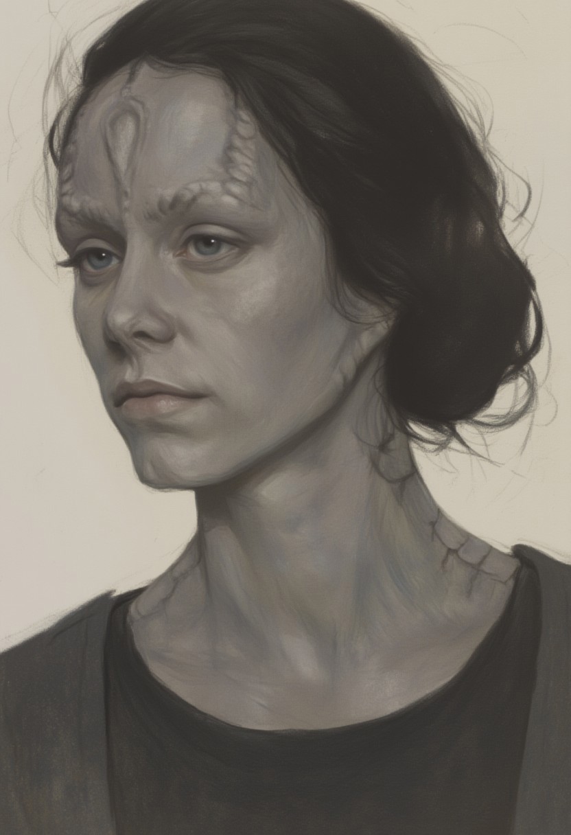 OBxiaoxiang,
This image is a digital illustration featuring a young female Cardassian alien with gray skin, forehead crest, neck ridges and scales, and black hair.
The style of the illustration is realistic with a soft, painterly quality, characterized by smooth transitions and a gentle blending of colors. The artist has used subtle shading and highlights to create a three-dimensional effect, enhancing the realism of the subject. The overall mood of the image is introspective and contemplative, capturing a moment of quiet reflection.