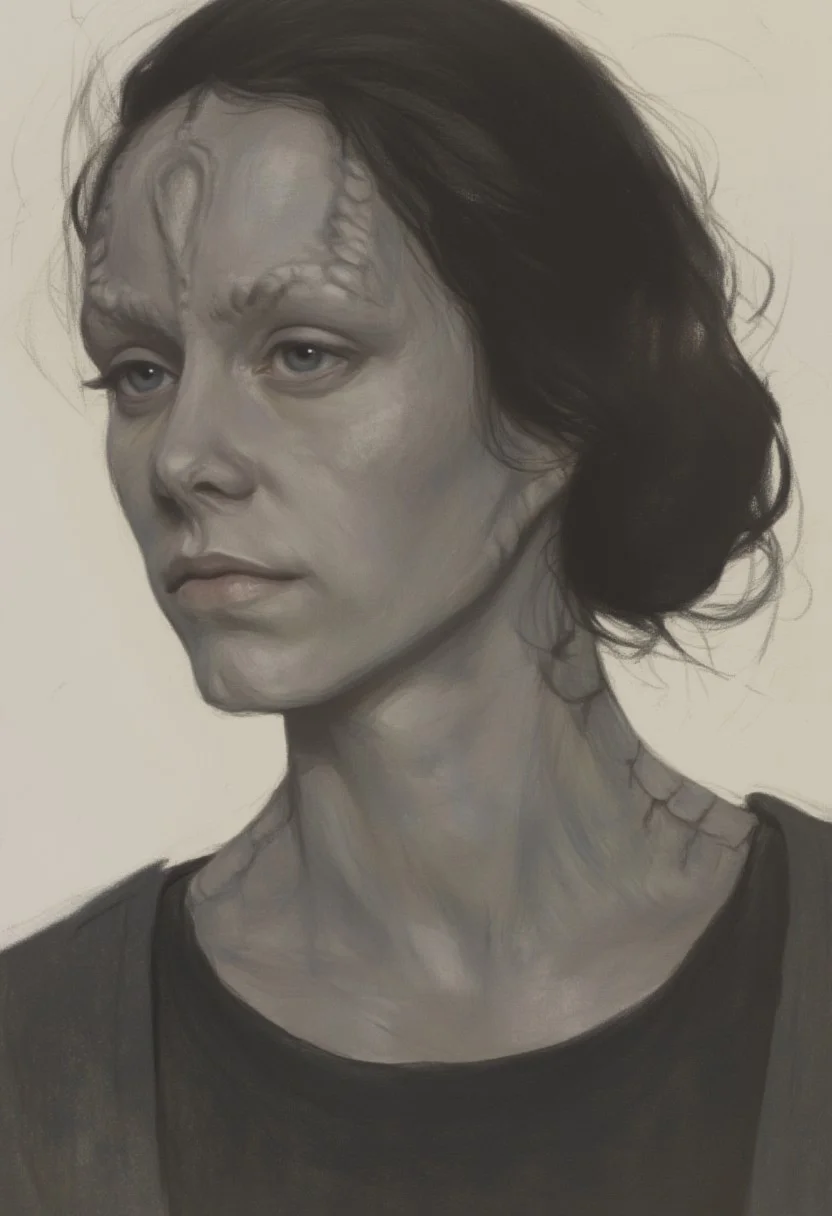 OBxiaoxiang,
This image is a digital illustration featuring a young female Cardassian alien with gray skin, forehead crest, neck ridges and scales, and black hair.
The style of the illustration is realistic with a soft, painterly quality, characterized by smooth transitions and a gentle blending of colors. The artist has used subtle shading and highlights to create a three-dimensional effect, enhancing the realism of the subject. The overall mood of the image is introspective and contemplative, capturing a moment of quiet reflection.
