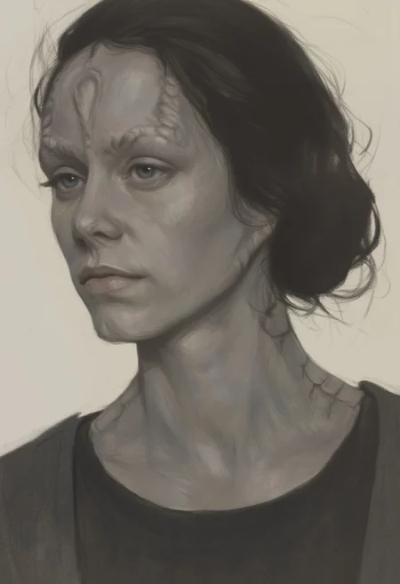 OBxiaoxiang,
This image is a digital illustration featuring a young female Cardassian alien with gray skin, forehead crest, neck ridges and scales, and black hair.
The style of the illustration is realistic with a soft, painterly quality, characterized by smooth transitions and a gentle blending of colors. The artist has used subtle shading and highlights to create a three-dimensional effect, enhancing the realism of the subject. The overall mood of the image is introspective and contemplative, capturing a moment of quiet reflection.