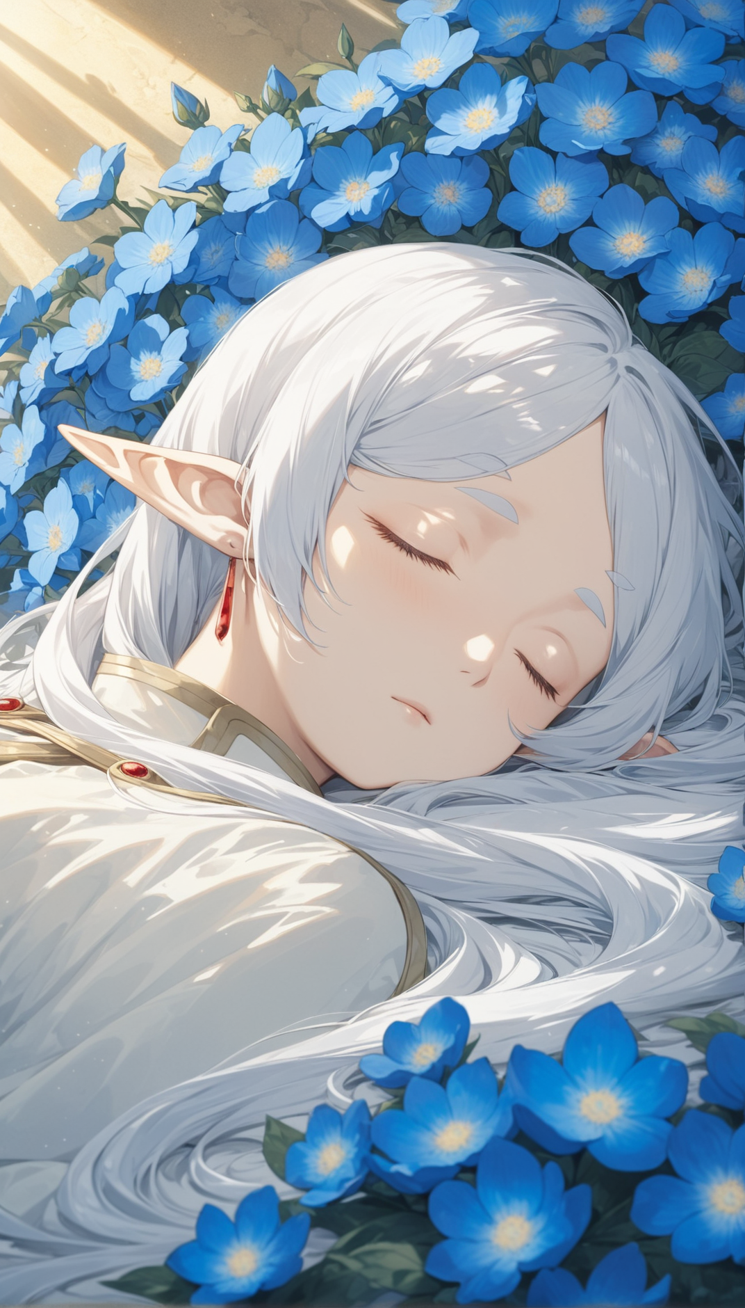 nereirfpnxl, frieren, sleeping, blue flower, rating:safe, long hair, pointy ears, elf, flower, 1girl, very long hair, white hair, solo, lying, closed eyes, from side masterpiece, best quality, intricate detail, cinematic lighting, amazing quality, amazing shading, detailed Illustration, official artwork, wallpaper, official art, extremely detailed eyes and face, beautiful detailed eyes
 <lora:frieren_nereirfpnxl_xl:1>
