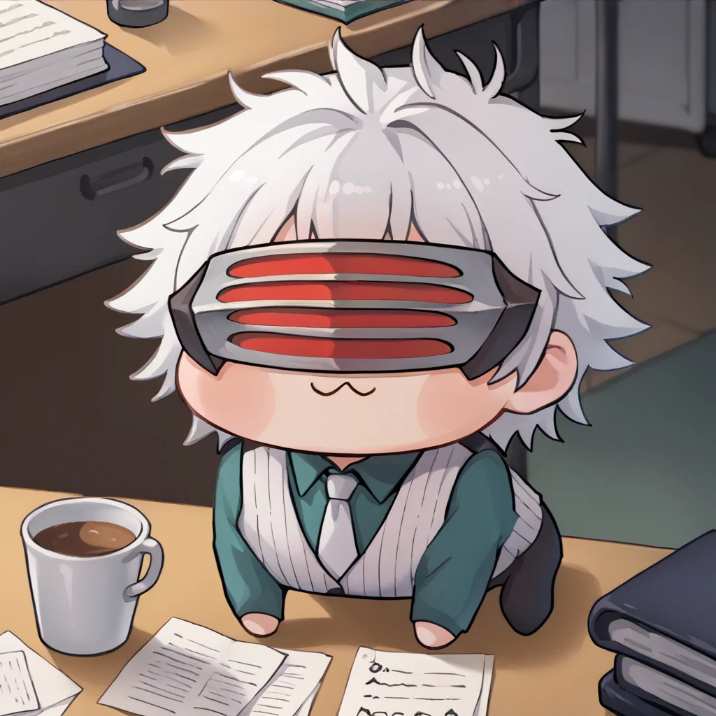 score_9, score_7_up, source_anime, <lora:Doro_X_PDXL_V1:1> doro, creature, chibi, :3, <lora:GodotAA-pdxl:1> gdAA, white hair, short hair, spiked hair, mask, covered eyes, collared shirt, green shirt, long sleeves, pinstripe vest, white necktie, desk