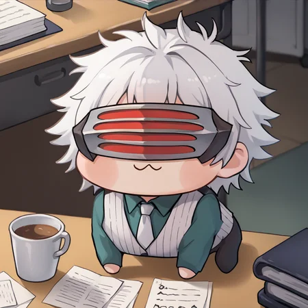 score_9, score_7_up, source_anime, <lora:Doro_X_PDXL_V1:1> doro, creature, chibi, :3, <lora:GodotAA-pdxl:1> gdAA, white hair, short hair, spiked hair, mask, covered eyes, collared shirt, green shirt, long sleeves, pinstripe vest, white necktie, desk
