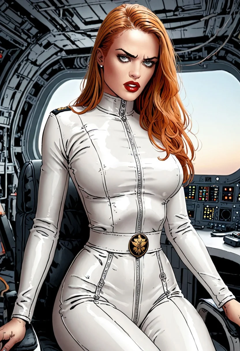 score_9, score_8_up, score_7_up, score_6_up, adult beautiful woman, (chiaroscuro lighting) source_cartoon, f3rn4nd0, (line art)
solo,
space station bridge,
1girl,
(female admiral)
(white latex bodysuit), skintight latex
(white latex admiral uniform)
sitting in commanders chair,
space battle-ship bridge,
professional
determined
orange hair ,
(extremely long hair)
red lipstick
military medals
large breasts