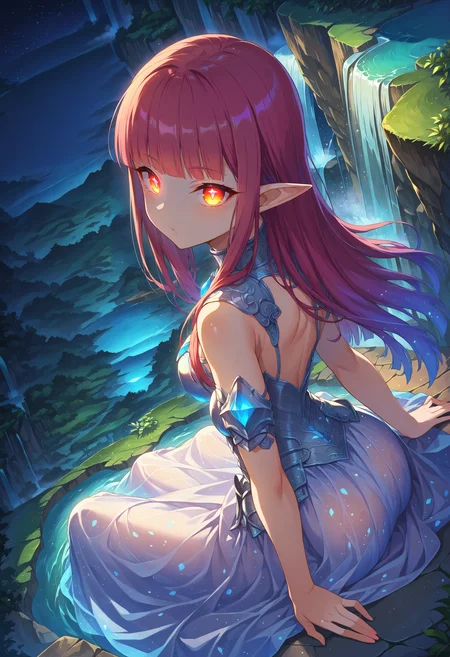 score 9, 1girl, girl knight, beautiful detailed eyes, glowing eyes, blunt bangs, gradient hair, pointy ears, [pearl:opal:0.5] armor, armored dress, 
waterfall, scenery, outdoors, wariza, sitting, from above, looking at viewer,
detailed Illustration, official artwork, wallpaper, official art, night, dappled moonlight,
<lora:bioluminescent_dress-PD-1.0-full:0.4> bioluminescent dress,
<lora:detailed_backgrounds_v2:0.4>
<lora:IOS_Iridescent_opal_style:0.4>
<lora:absurdres_quality:0.4> masterpeice, best quality, very aesthetic, absurdres