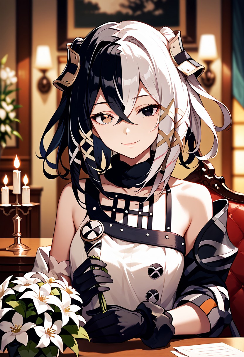 score_9,score_8_up,score_7_up,source_anime,ANTILENE_HERAN_FOUCHE,1girl,solo,looking at viewer,smile,bangs,black hair,hair ornament,gloves,dress,holding,hair between eyes,bare shoulders,closed mouth,jacket,upper body,flower,white hair,multicolored hair,black gloves,indoors,off shoulder,white dress,blurry,black eyes,bracelet,two-tone hair,streaked hair,grey eyes,heterochromia,table,x hair ornament,white flower,bouquet,candle,vase,