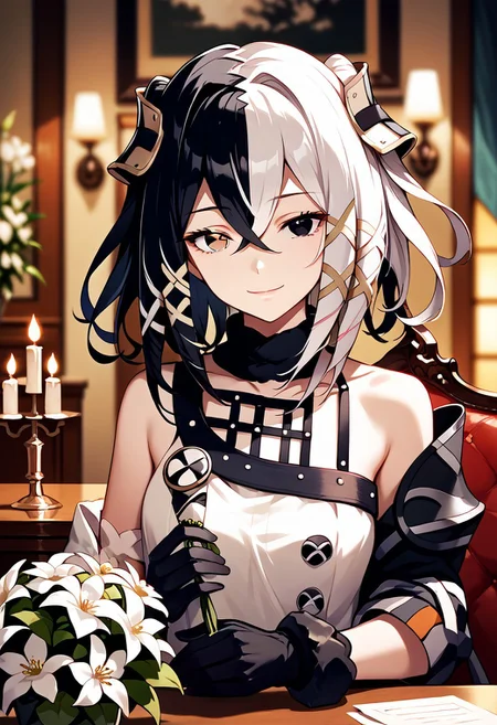 score_9,score_8_up,score_7_up,source_anime,ANTILENE_HERAN_FOUCHE,1girl,solo,looking at viewer,smile,bangs,black hair,hair ornament,gloves,dress,holding,hair between eyes,bare shoulders,closed mouth,jacket,upper body,flower,white hair,multicolored hair,black gloves,indoors,off shoulder,white dress,blurry,black eyes,bracelet,two-tone hair,streaked hair,grey eyes,heterochromia,table,x hair ornament,white flower,bouquet,candle,vase,