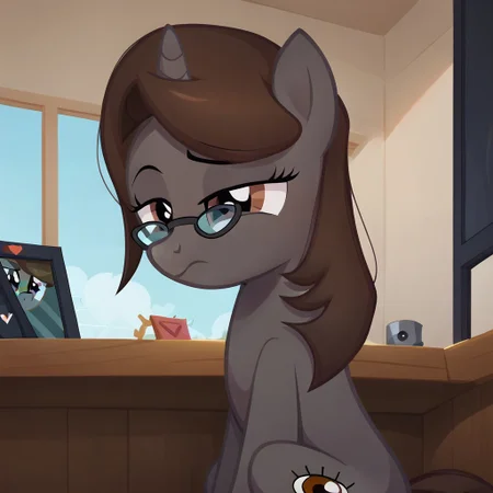 masterpiece, perfect detail, best high quality, source_pony, show accurate, cute, 1girl, solo, female, oc:sonata, pony, detention center, prison, behind glass, sitting, sitting in chair, behind desk, frown, barred window in background, security camera on ceiling, dejected frown, sad, lidded eyes, beautiful, looking down, pov in front of glass, score_9, score_8_up, score_7_up, score_6_up, score_5_up, score_4_up