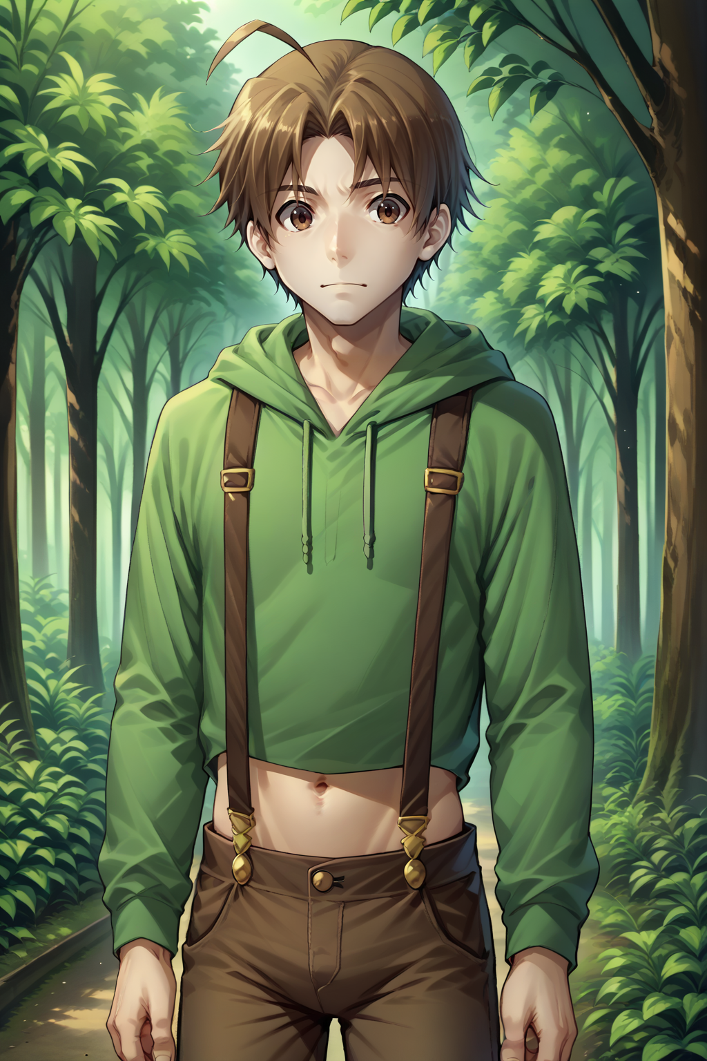 score_9, score_8_up, solo, 1boy, <lora:NSHisaoKatawa:1> NSHisaoKatawa, brown eyes, brown hair, short hair, ahoge, green hoodie, brown pants, suspenders, navel, forest, outdoors
