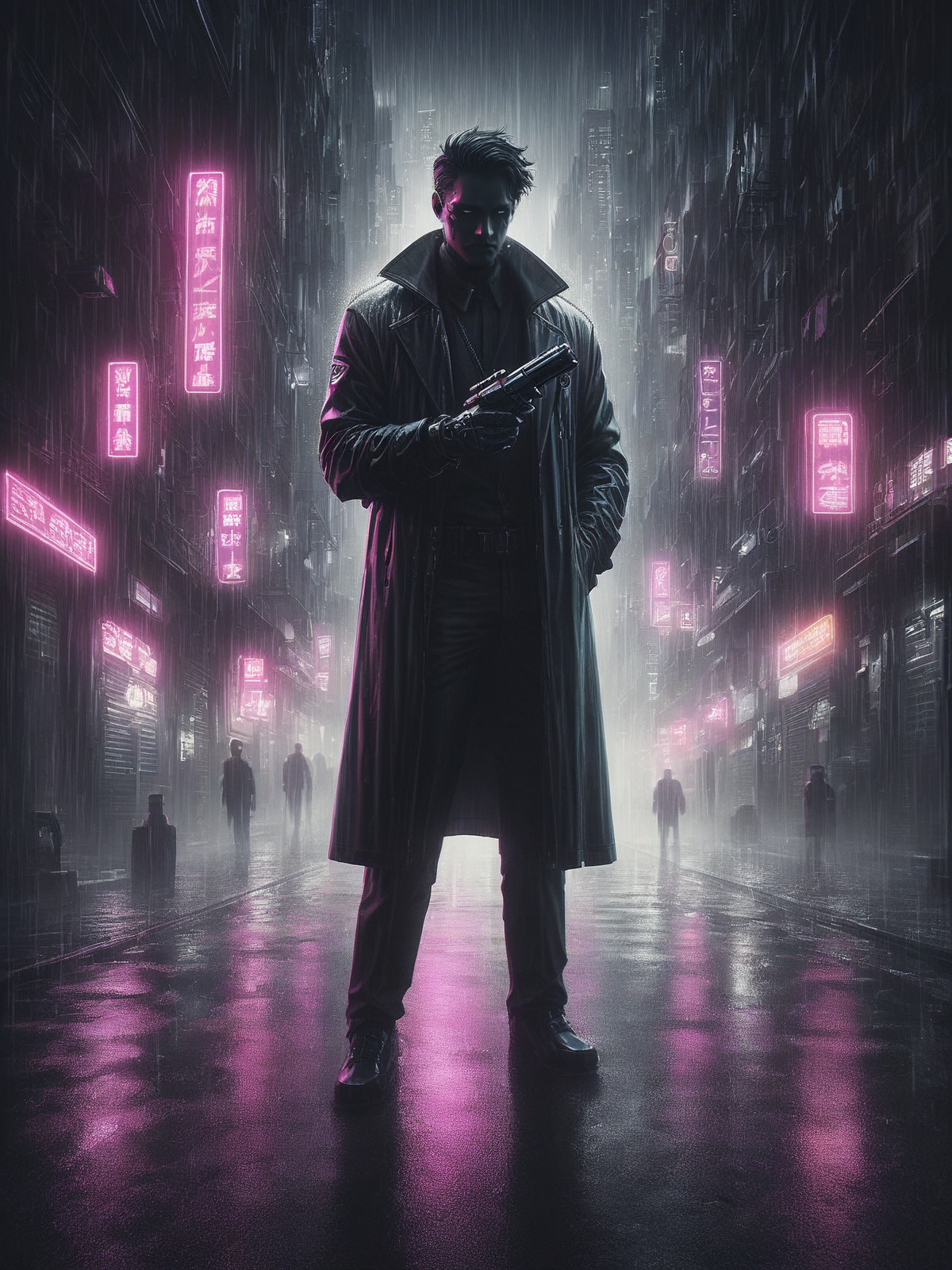 score_9, score_8_up, score_7_up, source_anime, man holding gun, cyberpunk, rain, 1940, noir <lora:Neon_Noir_Pony:0.8>