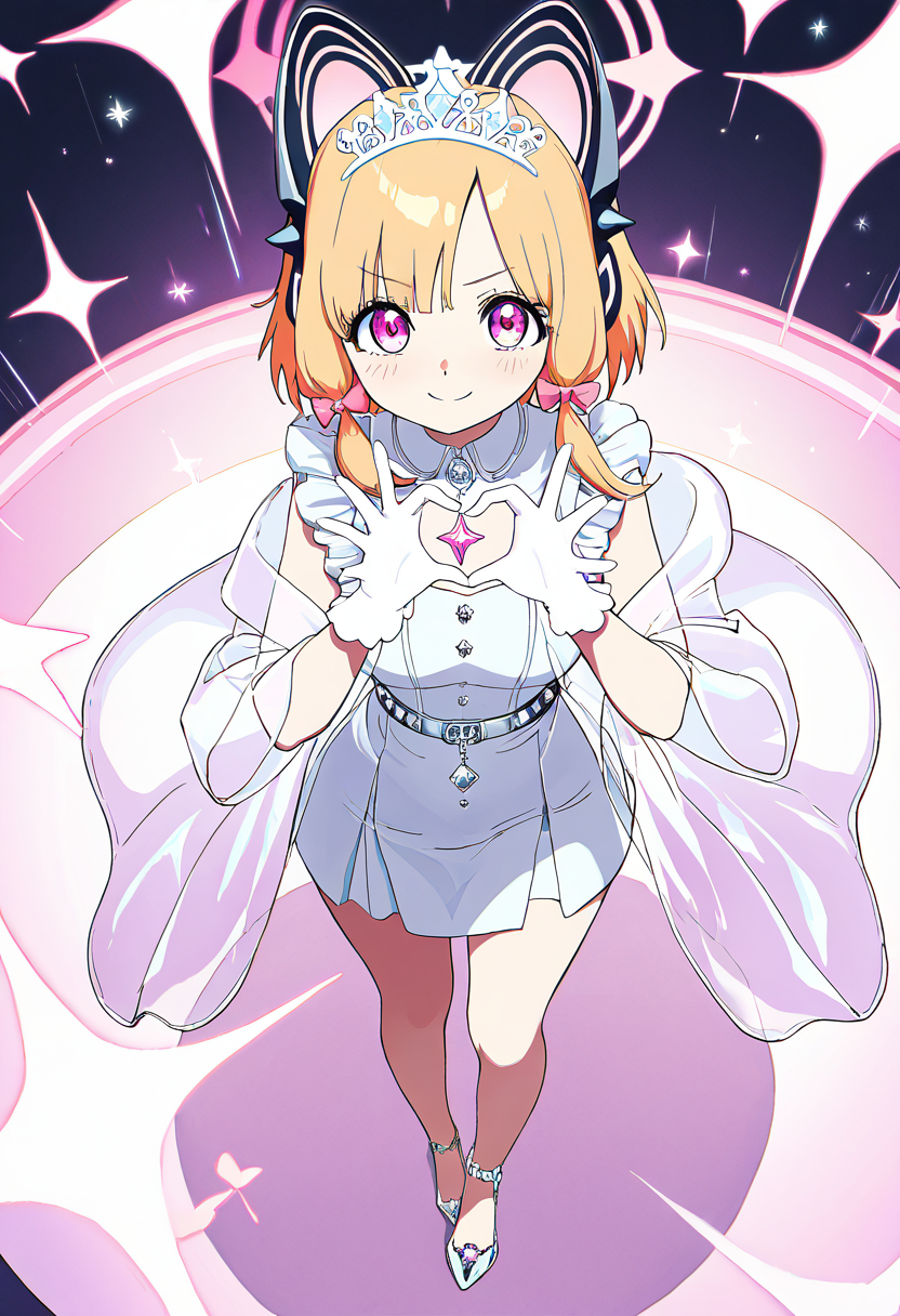 masterpiece, best quality, solo, curvy, beautiful eyes, narrow waist, wide hips, 1girl, solo, smile, looking at viewer, dynamic angle, foreshortening, close up,     zzMomoi, blonde hair, animal ears, fake animal ears, animal ear headphones, headphones, short hair, bow, halo, cat ear headphones, hair bow, red bow, pink eyes, pink halo,  ,<lora:MomoiBlueArchiveIXL:0.7>,[Aetherial Enchanter], transparent robe with shimmering silver edges, sparkling gemstone belt with star charms, soft glowing gloves, ethereal sandals with crystal heels, starry diadem floating above, mist and magic swirling around, astral plane backdrop with nebulae and floating stars, hands weaving unseen forces,