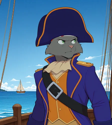 (solo), anthro, furry, male, male focus, manly, solo, captainclaw, feline, green eyes, pirate hat, vest, blue coat, upper body, looking away, serious, sea, boat,
BREAK masterpiece, best quality, amazing quality, very aesthetic, high resolution, ultra-detailed, absurd res, newest, scenery, <lora:CaptainClaw:1>