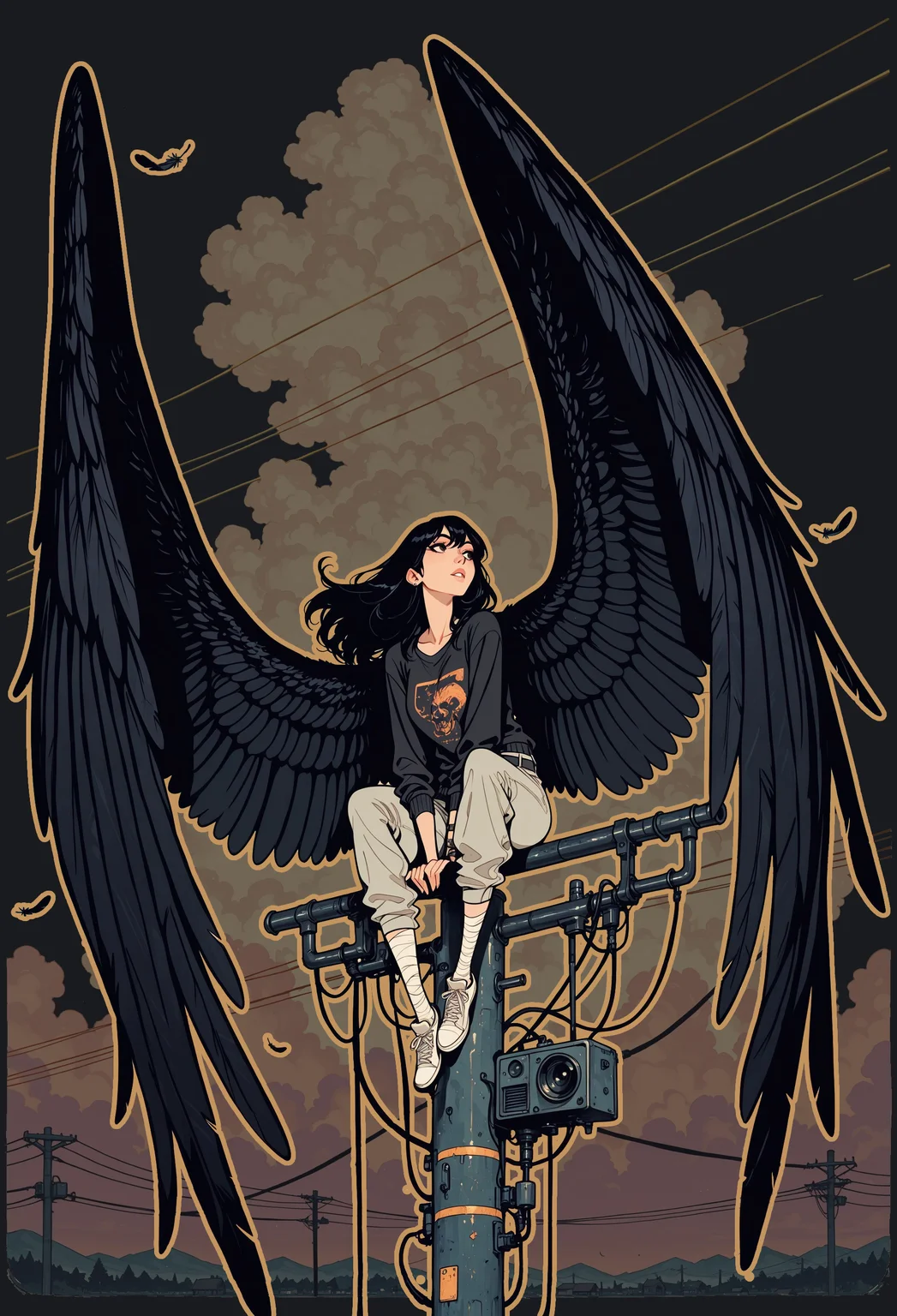score_9, score_8_up, score_7_up, masterpiece, best quality, very aesthetic, detailed face, (dynamic:1.1), incoth, (incase:0.6), partial illumination, thick linework, illustration, 1girl, d41z3n, harpy girl, huge wings, sitting on landline, sky, black hair, long hair,  feathers, powerline, raven