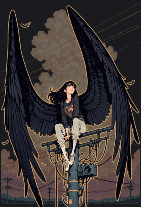 score_9, score_8_up, score_7_up, masterpiece, best quality, very aesthetic, detailed face, (dynamic:1.1), incoth, (incase:0.6), partial illumination, thick linework, illustration, 1girl, d41z3n, harpy girl, huge wings, sitting on landline, sky, black hair, long hair,  feathers, powerline, raven
