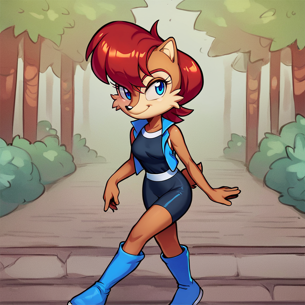 score_9, score_8_up, score_7_up, score_6_up, score_5_up, score_4_up, (Source furry), (rating questionable), <lora:SallyAcornpny:1>, sally acorn, blue eyes, red hair, short hair, bangs, smile, blue eyes, furry female, wearing black bike shorts blue vest black sleeveless shirt, blue boots white gloves, walking outside, sunny,