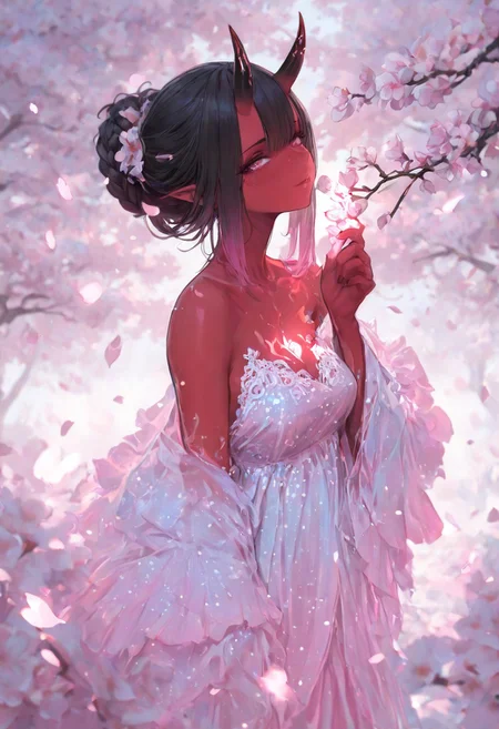 masterpiece, best quality, Good quality, very aesthetic, absurdres, newest,1girl, light rays, looking at viewer, solo,
Cinematic Lighting, gradient color, gorgeous girl
BREAK
masterpiece, amazing quality, best quality, ultra-detailed, 8K, illustration, CG, ultra-detailed-eyes, detailed background, cute girl, eyelashes, erotic, love, petals falling,
BREAK
(sexy, slutty, hot, aroused),
Aka-Oni, oni, colored skin, red skin, smooth horns, black horns
BREAK
happy, braided updo, cherry blossom petals, pastel gown, gradient hem, floral lace, sparkling sequins, magical garden, blooming cherry blossoms, glowing lanterns, floating petals, gentle breeze, (holding a branch cherry blossoms)