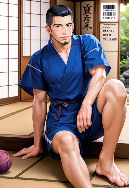 safe_pos, (Aaaild, Aaadjd, manga cover, cover page, magazine cover, text:1.3) source_anime, safe_pos, perfect anatomy, perfect proportions, best quality, masterpiece, high_resolution, high quality, (solo focus, male focus, male only, bara, gay, homo, mature, masculine, manly, virile, macho, hunky, rugged, middle-age, daddy, dilf, handsome), alluring, seductive, heroic, serious, grim, stern, unsociability, bluntness, gruffness, naughty face, moaning, dazed, looking at viewer, BREAK (asian man, japanese male, dark eyes, black hair, sideburns, unkept facial hair, stubble, chinstrap beard, jawline beard, buzzcut), BREAK (blue clothes, japanese clothes, closed jinbei, Hannekenjinbei, jinbei, blue jinbei, short sleeves, side-knot closure clothing, yarn knitting on sleeves, jinbei shorts, blue shorts, knee-length shorts, wide shorts:1.5), barefoot, bare neck, collarbone, BREAK sitting on wooden floor, lying on back, relaxed pose, leaning slightly, one knee bent upward, legs spread, hand supporting head, contemplative expression, horny, kinky, domination, heavy breathing, enticed, shading, countershading, bright atmosphere, japanese architecture, nature, sunlight, wooden floor, indoors, inside log cabin, irori \(japanese fireplace\), washitsu \(japanese-style room\), garden, engawa \(japanese architecture\)