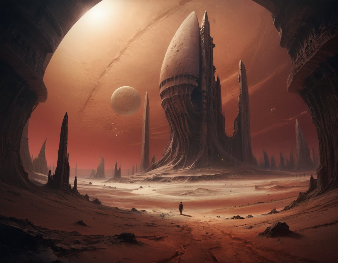In this arid wasteland, where colossal sand structures once towered into the crimson sky of a distant planet, only hollow corridors remain, whispering tales of an ancient civilization now long forgotten, b3ks1n