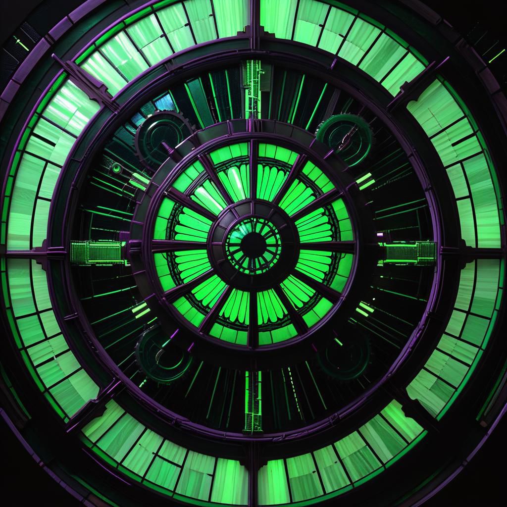deathstar, clockwork, steampunk, stained glass, fiber optic, green neon, troncore, radial, dark futuristic, dark space background