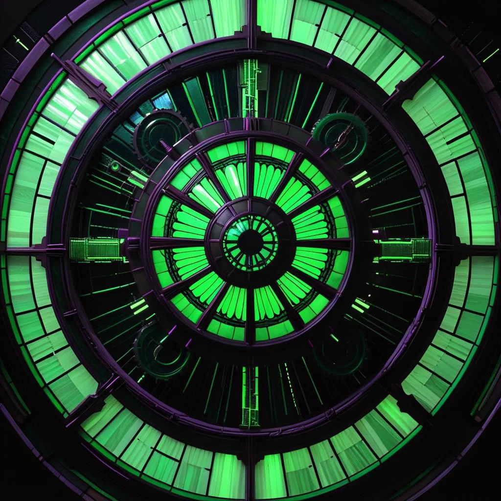 deathstar, clockwork, steampunk, stained glass, fiber optic, green neon, troncore, radial, dark futuristic, dark space background