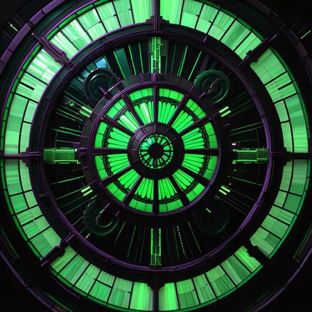 deathstar, clockwork, steampunk, stained glass, fiber optic, green neon, troncore, radial, dark futuristic, dark space background