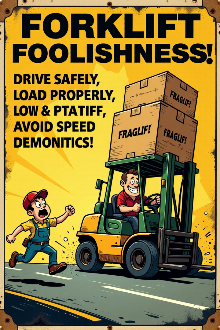 "Vintage safety sign illustration of a cartoon forklift driver recklessly speeding around a warehouse corner, laden with a towering, unstable stack of boxes that are clearly exceeding the forklift's safe load capacity and teetering precariously.  The boxes are labeled 'FRAGILE!' and are about to spill.  The forklift driver is grinning manically, with exaggerated motion lines indicating excessive speed and lack of control.  In the foreground, a cartoon warehouse worker with a shocked expression leaps out of the way just in time. The sign text boldly declares: 'FORKLIFT FOOLISHNESS!  DRIVE SAFELY, LOAD PROPERLY, AVOID SPEED DEMONICS!'  Render in a dynamic, vintage cartoon style, employing strong diagonal lines to emphasize speed and danger, using a bold, limited color palette of yellow, black, and danger red to highlight the unsafe actions. Visually stunning vintage cartoon, clear safety warning, high detail in motion blur and precarious box stack." <lora:REMEs_War_Poster_Style:0.9> In REME's War Poster Style,âââ