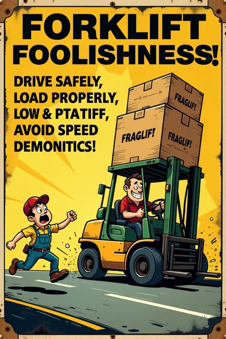"Vintage safety sign illustration of a cartoon forklift driver recklessly speeding around a warehouse corner, laden with a towering, unstable stack of boxes that are clearly exceeding the forklift's safe load capacity and teetering precariously.  The boxes are labeled 'FRAGILE!' and are about to spill.  The forklift driver is grinning manically, with exaggerated motion lines indicating excessive speed and lack of control.  In the foreground, a cartoon warehouse worker with a shocked expression leaps out of the way just in time. The sign text boldly declares: 'FORKLIFT FOOLISHNESS!  DRIVE SAFELY, LOAD PROPERLY, AVOID SPEED DEMONICS!'  Render in a dynamic, vintage cartoon style, employing strong diagonal lines to emphasize speed and danger, using a bold, limited color palette of yellow, black, and danger red to highlight the unsafe actions. Visually stunning vintage cartoon, clear safety warning, high detail in motion blur and precarious box stack." <lora:REMEs_War_Poster_Style:0.9> In REME's War Poster Style,âââ