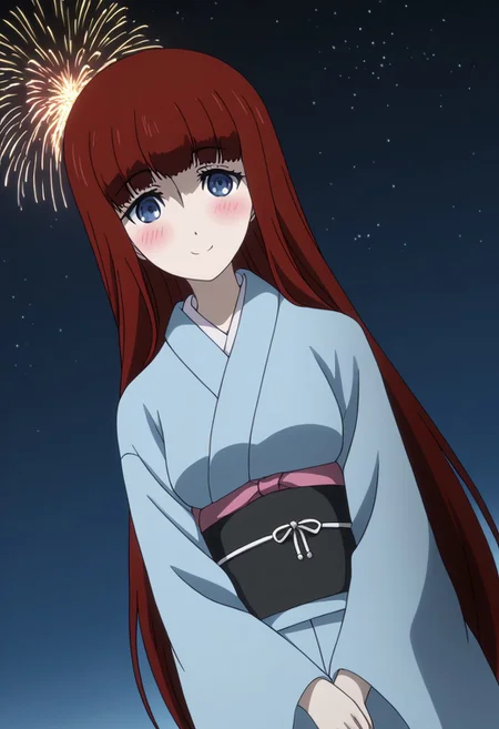 rating_safe, Ultra-high-detailed Anime illustration of Kagari Shiina from Anime Steins;Gate 0. 
The artwork features Kagari in a solo, full body, standing position with a outdoors, flield, and night background. night time. night. stars.
She is depicted with intricate details showcasing her large breasts, natural_breasts. She is a white skinned, 22 years old woman. Kagari is looking_at_viewer with perfect_eyes, Her pupils are highly detailed. The eyes are open. blue eyes. Kagari's eyes are highlighted. Highlighted eyevrows. 
She has long hair, red colored hair, styled in blunt bangs and floating hair.
She is wearing a blue kimono and black shoes. japanese kimono, kimono.
The artistic style is intricate_details_xl with a focus on Anime art. The color palette emphasizes red and black with detailed strokes to bring out the character's features. The lighting creates dramatic shadows and highlights, adding depth to the artwork. The perspective is from a face focus, dutch angle to enhance the impact of the character's expression. This masterpiece is a true portrayal of Kagari's complex personality and will captivate any fan of Kagari. uncensored, upper body, blushing, smile, Kagari Shiina,
perfecteyes,
<lora:Steins_Gate:1>
kimono
happy new year!, Happy New Year fireworks, Happy New Years, golden colored fireworks