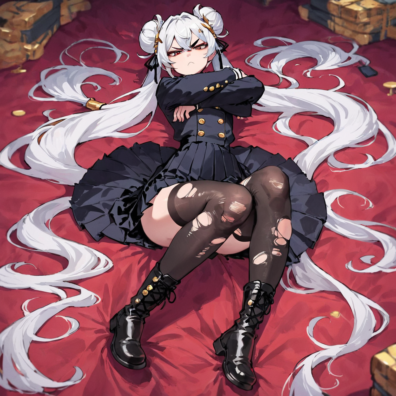 (femboy:1.1), lying on back, arms crossed, black schoolgirl outfit, one black stocking, ripped stockings, skirt, black boots, white hair with black streaks, twin buns, long twintails, gold buttons, gold hair ornament, annoyed, looking at viewer,, score_9, score_8_up, score_7_up, rating_explicit, <lora:Ink Style LoRA XL:0.8>