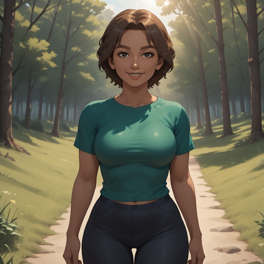 score_9, score_8, BREAK, solo, wii, mii, wii sports, 1girl, female mii, brown hair, black eyes, brown eyebrows, brown lips, lipstick, plump, dark skin, dark green clothing, black pants, shoes, nintendo mii, modern_mii, classic_mii, big breasts, Delilah_(Wii_Sports), sexy pose, self portrait, smile, outdoors, sunlight, shadows, evening lighting, natural lighting, forest, trees, grass, orange sky, sunset