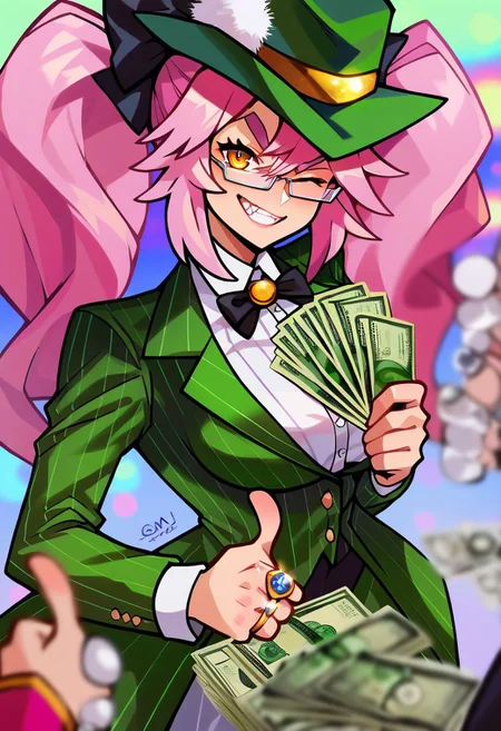 score_9, score_8_up, score_7_up, score_6_up, gangstersb, thumbs up, one eye closed, grin, smile, money, holding money, portrait, cropped torso, ring, formal, hat, green headwear, necktie, suit, striped, looking at viewer,koyanrab, black bow, coattails, collared shirt, fox tail, glasses, hair between eyes, large breasts, long hair, long sleeves, pink hair, pink waistcoat, rabbit ears, sidelocks, sleeveless waistcoat, twintails, underbust, white pantyhose, white shirt, yellow eyes